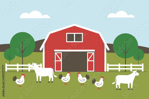 Cute Farm Scene with Red Barn, Cows, and Chickens, Vector Illustration