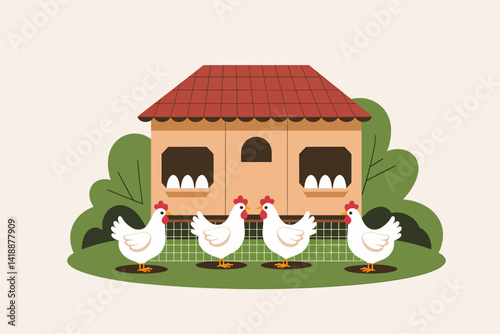 Cartoon Chickens near Coop with Eggs Illustration, Countryside Farmyard Scene