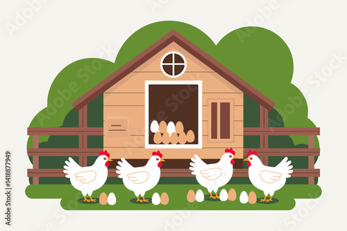 Cartoon chickens with a henhouse and eggs vector illustration.