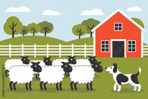 Cartoon Sheep Herding with Dog and Red Barn Vector Illustration