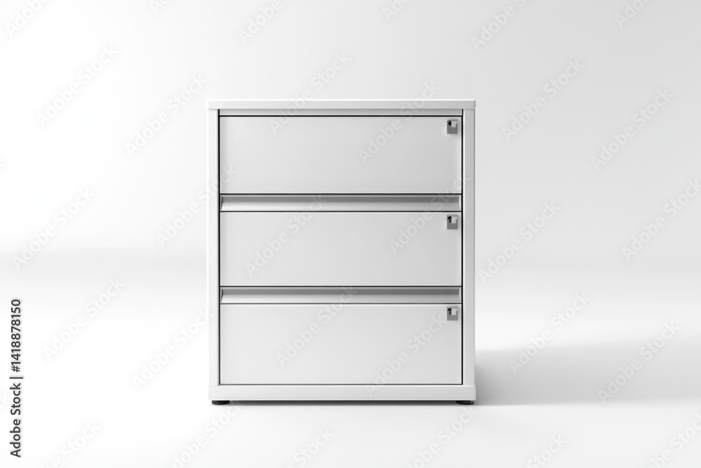 A sleek, white three-drawer filing cabinet, perfect for office organization. A sleek, white three-drawer filing cabinet, perfect for office organization.