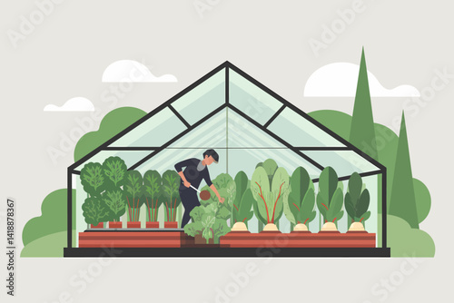 Gardener Tending Plants in Greenhouse, Organic Farming, Vector Illustration