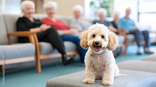 Adorable and cuddly therapy dog providing comfort and companionship to elderly residents in a retirement home bringing smiles and happiness to the seniors