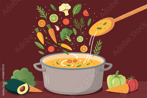 A giant wooden spoon stirs a massive pot of steaming, flavorful soup; rustic kitchen setting.