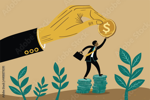 A giant hand gently places a small coin, symbolizing a microloan, into the open palm of a grateful, small business owner.  Focus on the disparity in size, highlighting the supportive act.