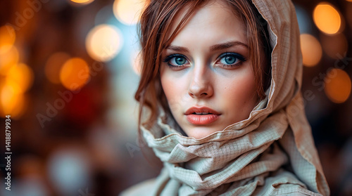 Young woman with captivating gaze wearing a scarf in a warm setting  