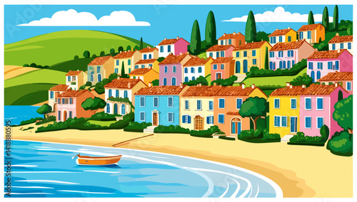Mediterranean beach landscape abstract art background. Stylized Vector illustration of sea beach with boat and traditional white buildings. Design element for banner, flyer, card, sign template