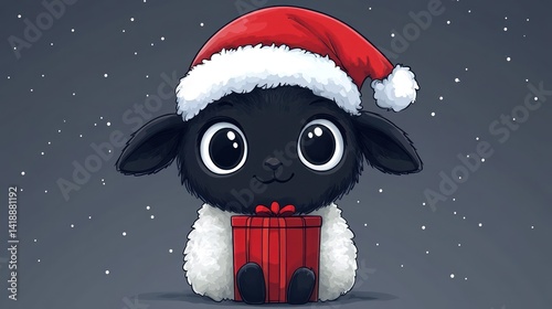 Cute black sheep with Santa hat, gift