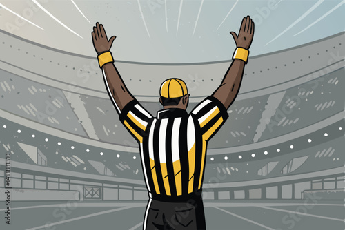 Create a bold vector illustration of a referee raising both hands to signal a stop or timeout in a sporting event.  The style should be clean and easily scalable.