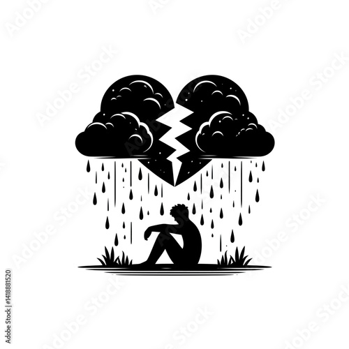 Black silhouette vector of a person sitting under a raining cloud shaped like a broken heart on white background