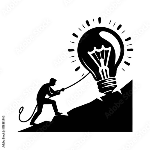 Black silhouette vector of a person pulling a giant light bulb uphill on white background 