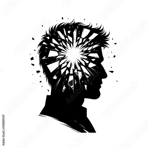 Black silhouette vector of a person with a shattered mirror head on white background 