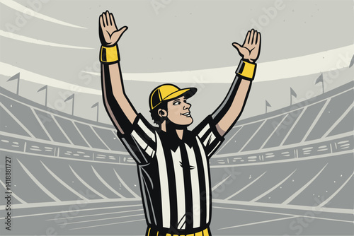 Create a bold vector illustration of a referee raising both hands signaling a stop or timeout in a sporting event.  Focus on dynamic pose and clear hand gestures.