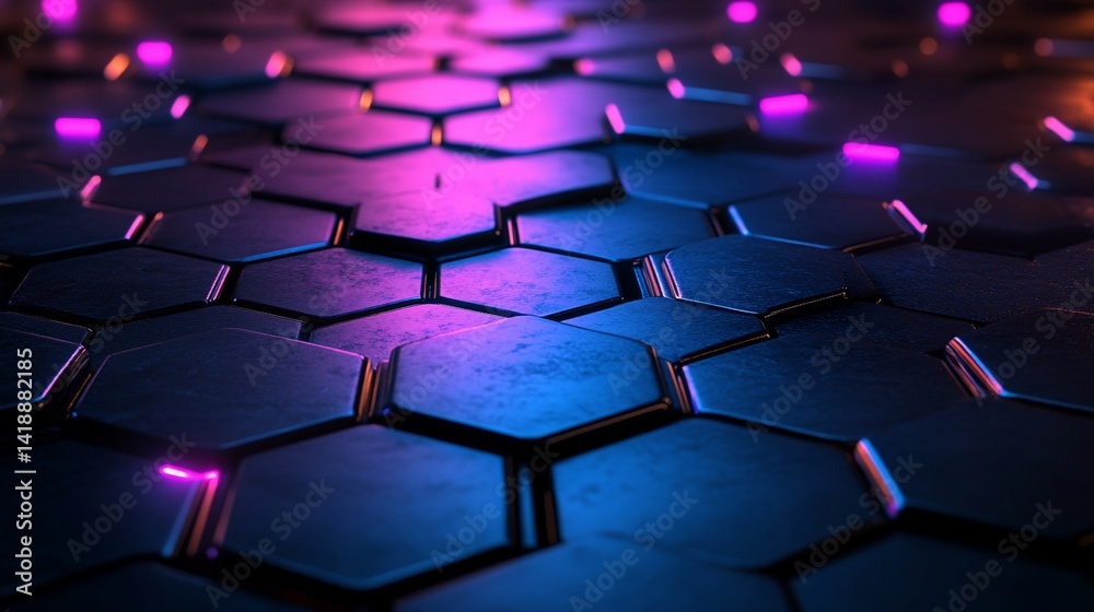 Fototapeta premium Hexagonal futuristic floor with neon lights