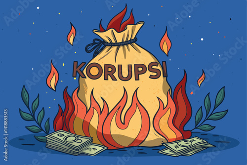 A flaming money bag, inscribed with the Indonesian word "korupsi" (corruption), symbolizes the destructive nature of bribery and embezzlement.