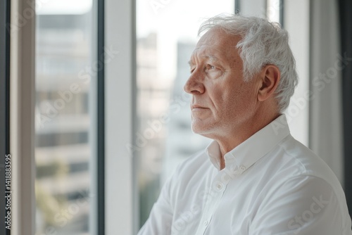 A contemplative senior man in a white shirt looks out a window, lost in thought. photo