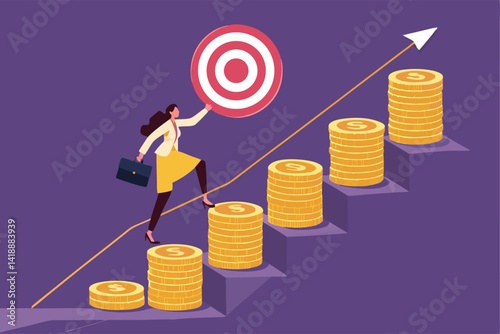 Ambitious businesswoman ascends a staircase of gold coins, symbolizing financial success and upward mobility.  She's determined and focused on reaching the top.