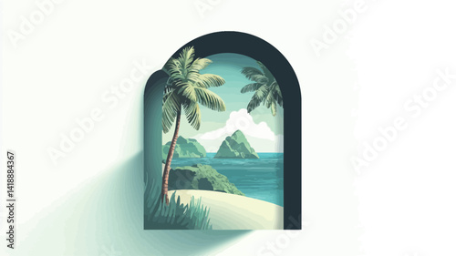 A digital illustration depicts a stylized tropical seascape seen through an arched frame. In the scene, two palm trees surround a pristine beach, with small islands visible in the calm water.