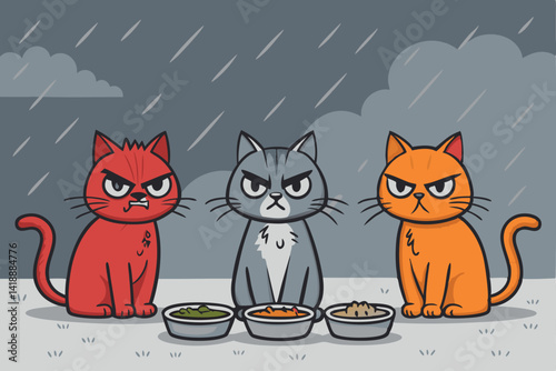 Two cartoon cats, fiercely angry, with bulging eyes, guard their overflowing food bowls.  One cat has a mischievous grin.