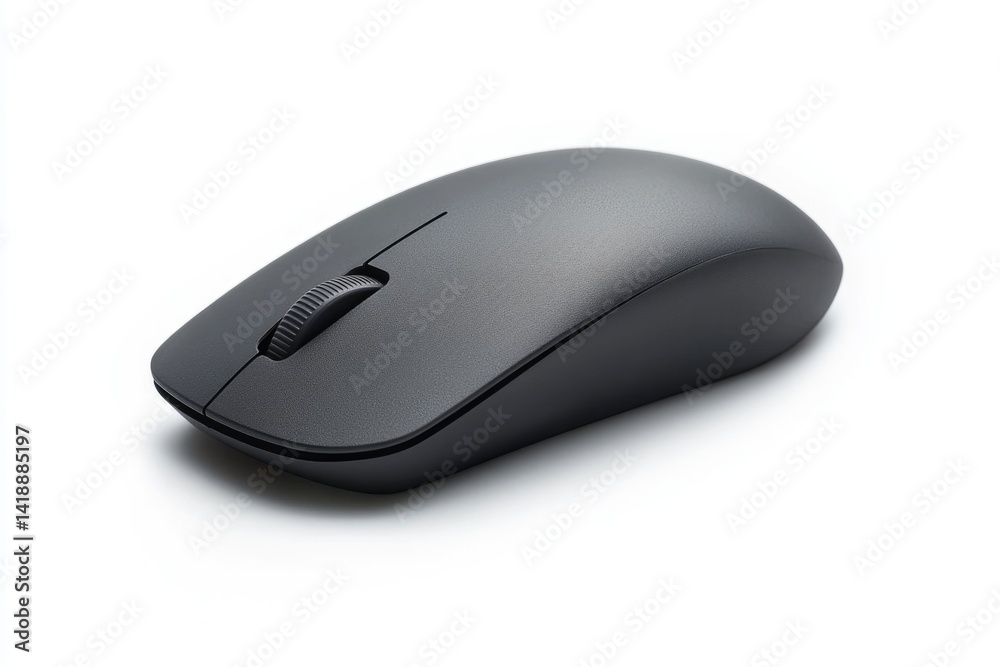 A sleek, dark gray wireless computer mouse isolated on a white background. A sleek, dark gray wireless computer mouse isolated on a white background.