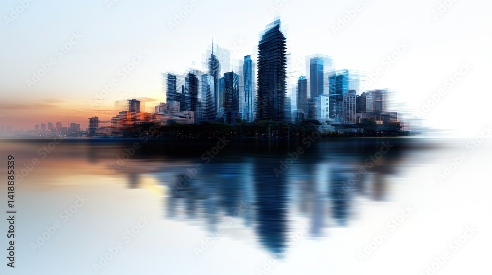 Fototapeta premium Abstract city skyline reflected in tranquil water at sunrise