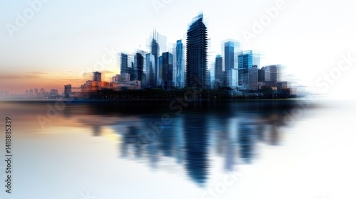 Abstract city skyline reflected in tranquil water at sunrise