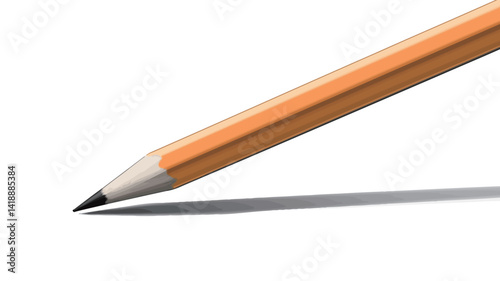 Close-up macro photo shows a sharpened graphite pencil leaning against a pure white background, showing a light orange-yellow hue.