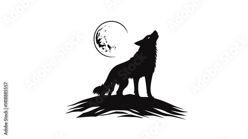 The image shows the stark silhouette of a wolf howling at the crescent moon, in pure black, with a dynamic pose that suggests power.