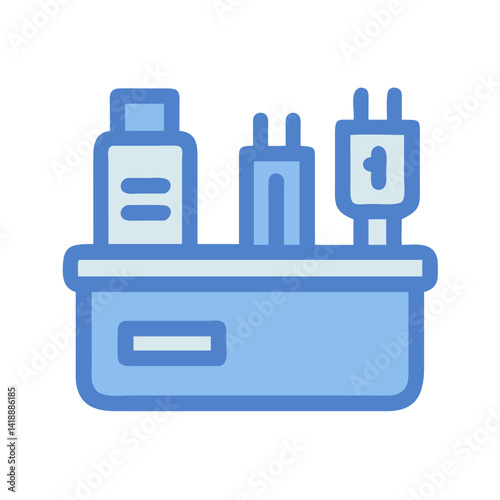 Blue Accessory Organizer Container with Cosmetics and Power Adapter
