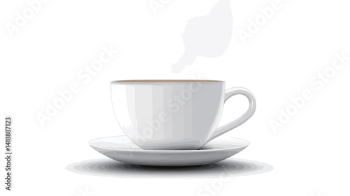 A high-key, close-up studio photograph of a pristine white teacup and saucer set against a pure white background. The cup is slightly curved cylindrically with a slightly outward rim.
