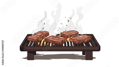 This digital rendering shows four juicy steaks laid out on a dark brown rectangular grill. The steaks have a rich reddish-brown colour, indicating they have been cooked to perfection.