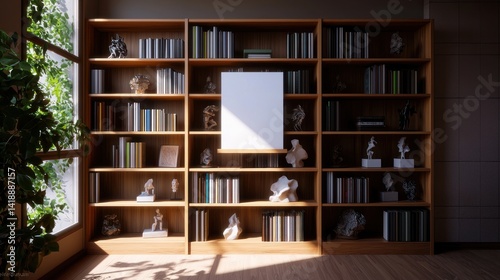 Wooden Bookshelf Displaying Art, Sunlight, Cozy Room
