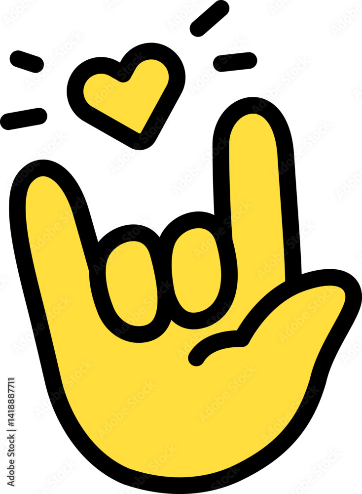 Obraz premium Love hand sign, Heart, I love you Cute Cartoon Hand Logo Icons yellow color, Chubby finger emoji sticker sign symbol, editable stroke. 
