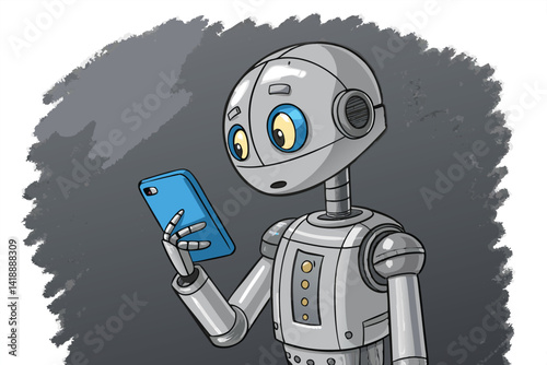A friendly cartoon robot assistant, metallic blue, smiling, holds a smartphone displaying a bright app interface.  Back view.