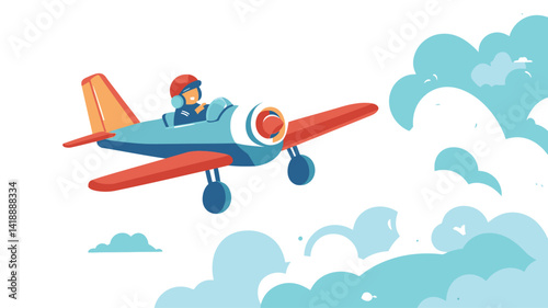 Vector illustration of a stylized retro airplane in light blue and red tones, with a simplified design, propellers and a visible cockpit with a cartoon pilot wearing a red helmet sitting.