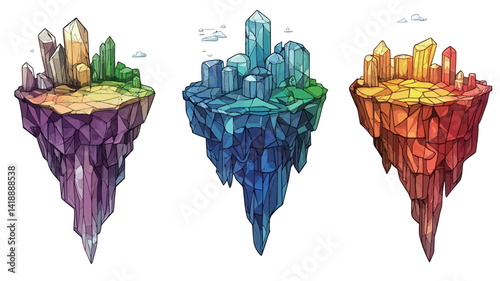 The image presents a digital illustration of three distinct floating islands, each rendered in a different color scheme and style, each presenting a miniature cityscape composed of��