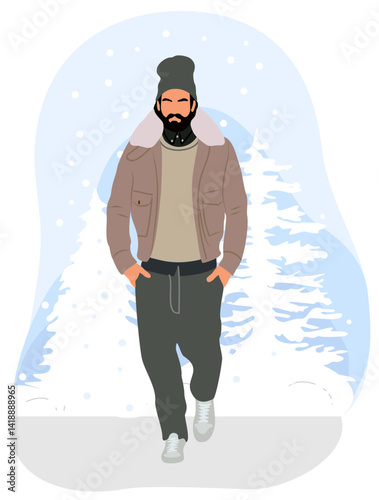 Modern man wearing warm brown jacket and beanie hat walking through a snowy forest. Handsome bearded guy in stylish winter outwear clothes. Vector flat illustration