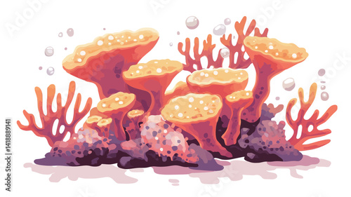A stylized illustration of a cluster of corals against a white background, with the polyps in shades of orange and pink with yellow highlights, suggestive.