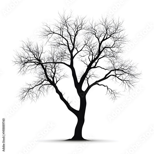 Silhouette of a leafless deciduous tree with sprawling branches and a thick trunk standing alone against a plain white background in a minimalistic style