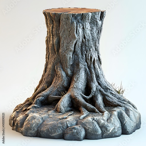 detailed close-up of a weathered tree stump with textured bark and roots against a clean neutral background for nature and woodcraft themes