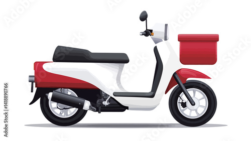 A digital illustration shows the side profile of a delivery scooter, which is predominantly white with splashes of red, particularly on the underside of the vehicle and in the attached delivery box.