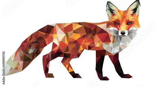 stylized fox illustration rendered in a low-polygonal geometric style. The image is in a vibrant color palette of warm oranges, reds, and browns with splashes of white. Each part
