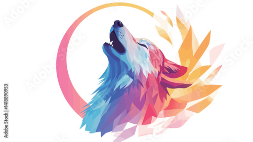 A stylized vector illustration of a wolf's head, rendered in a vibrant colorful gradient palette. The wolf is depicted in a low polygonal style, with colors smoothly gradating from cold blue to