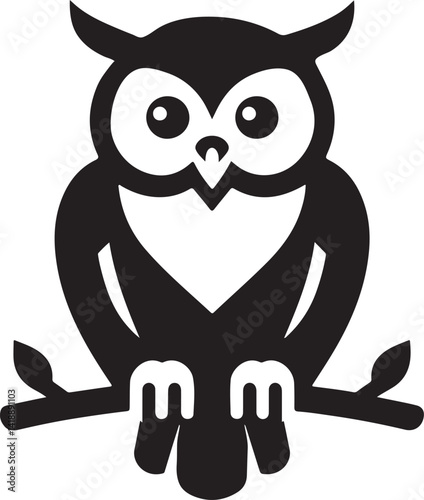Silhouette vector of an owl perched on a branch, symbolizing wisdom, mystery, and nocturnal life, perfect for nature and wildlife designs.