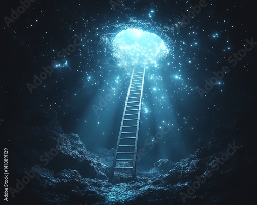 Obraz na płótnie Dreamlike ladder stretching towards a hole in the dark sky, glowing stars and ethereal light pouring out of the hole, generative AI visualization w salonie