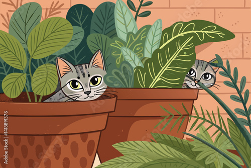 Create a whimsical jungle-themed image of several cats playfully hiding amongst lush potted plants.  Emphasis on vibrant greens and playful feline expressions.