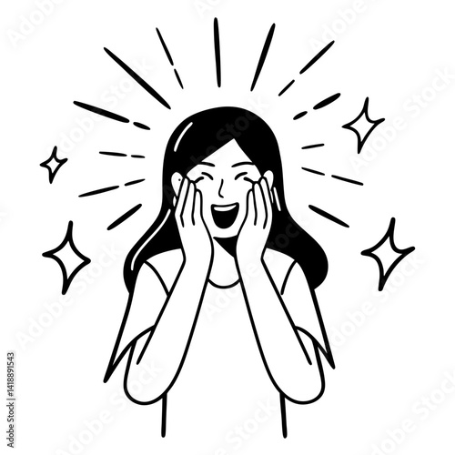 Positive Emotions. Portrait of excited lady screaming with joy and closed eyes, isolated over blue studio background wall. Sale And Discount Concept. Emotional female model shouting with hands on face