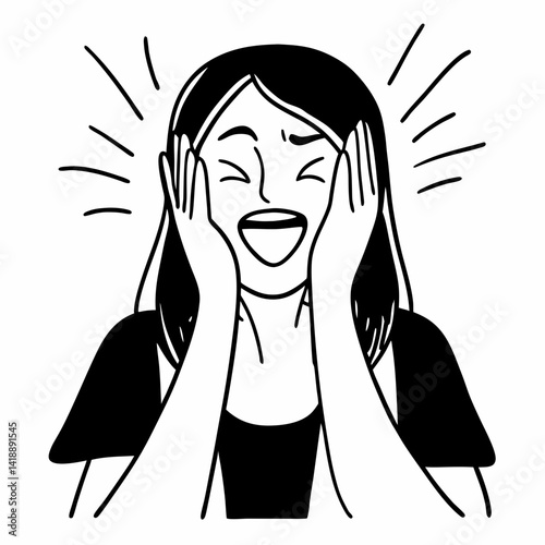 Positive Emotions. Portrait of excited lady screaming with joy and closed eyes, isolated over blue studio background wall. Sale And Discount Concept. Emotional female model shouting with hands on face
