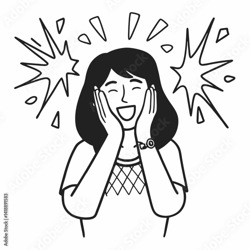 Positive Emotions. Portrait of excited lady screaming with joy and closed eyes, isolated over blue studio background wall. Sale And Discount Concept. Emotional female model shouting with hands on face