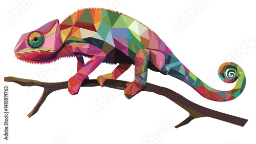 This digital illustration of a chameleon is rendered in a low-polygonal style. The chameleon's body is made up of many brightly colored polygons, giving it a patchwork effect.